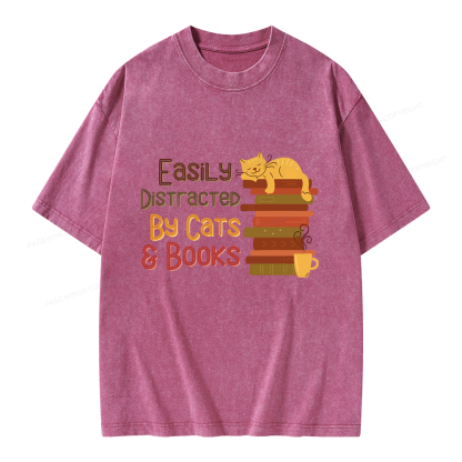 Pagewings Easily Distracted By Cats and Books Unisex Washed T-shirt