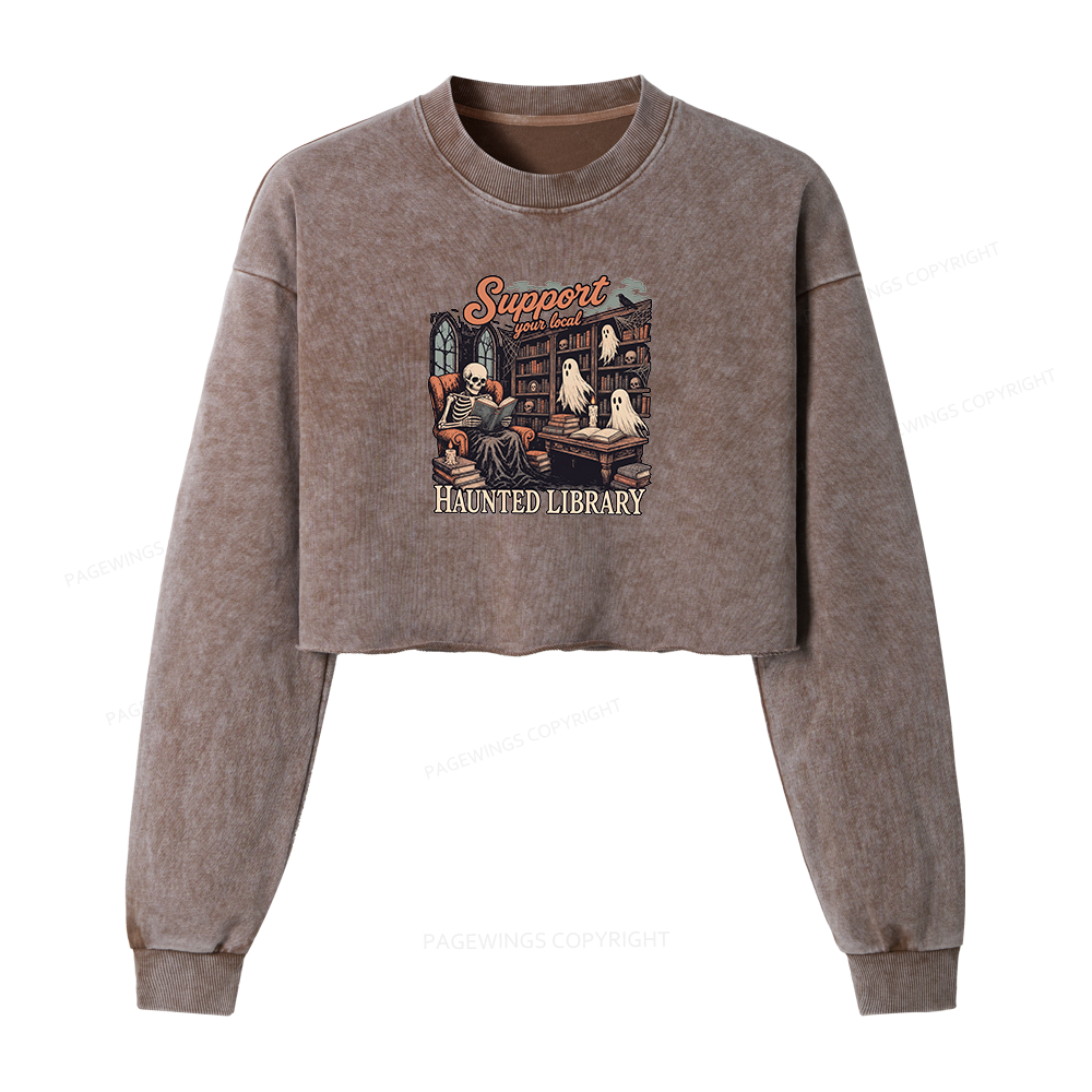 Pagewings Support Your Local Haunted Library Washed Crop Sweatshirt