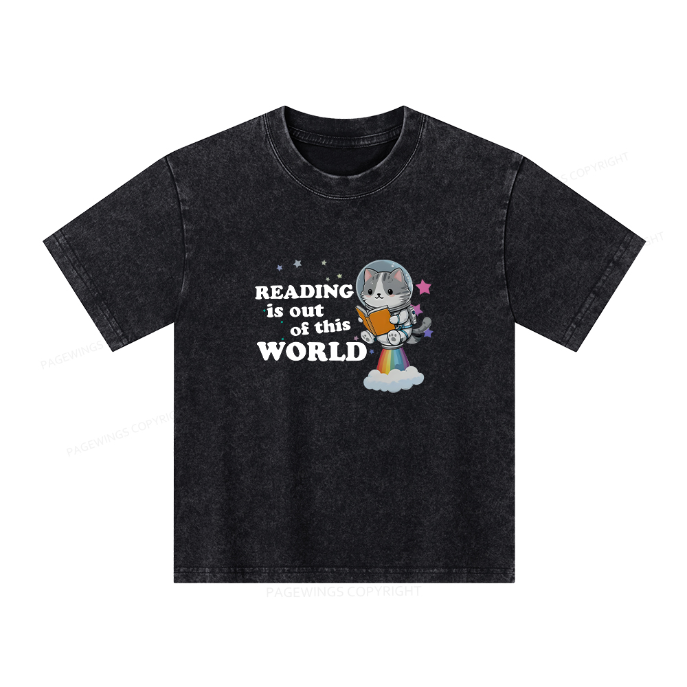 Pagewings Cat Reading in Space Unisex Kids Washed T-shirt