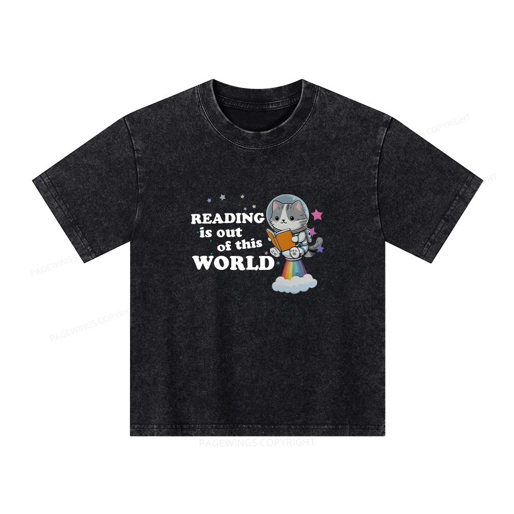 Pagewings Cat Reading in Space Unisex Kids Washed T-shirt