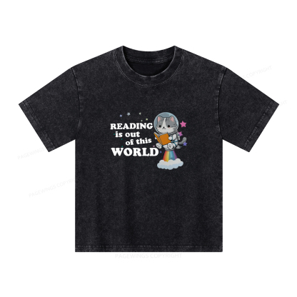 Pagewings Cat Reading in Space Unisex Kids Washed T-shirt