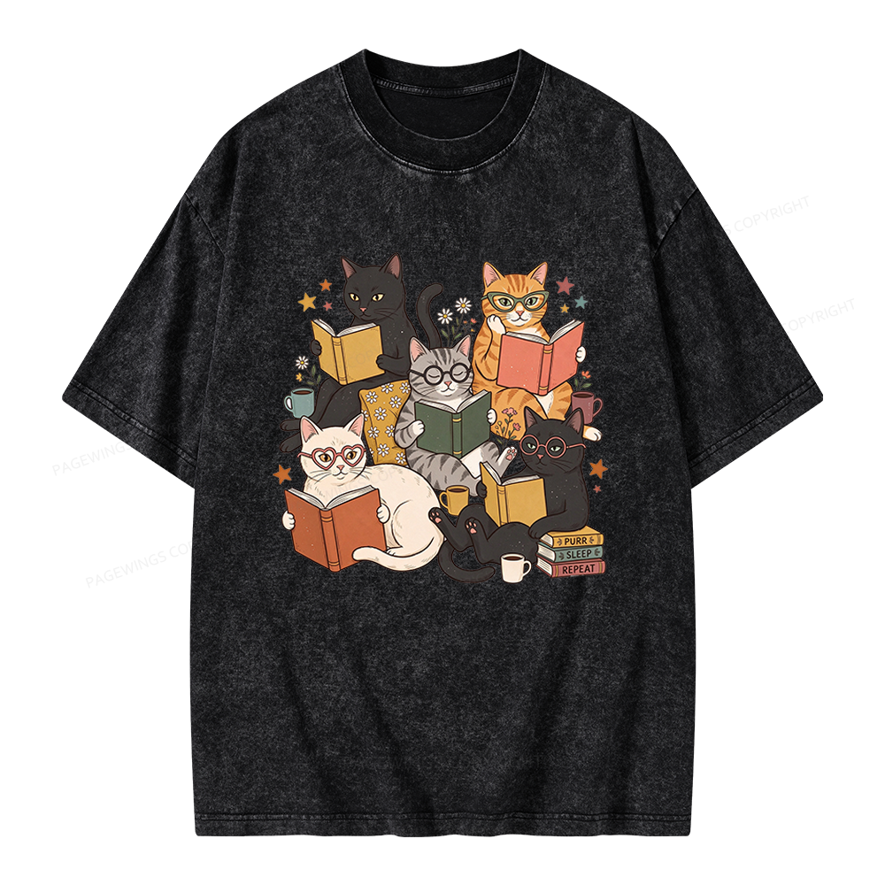 Pagewings Retro Reading Cats Unisex Washed T-shirt