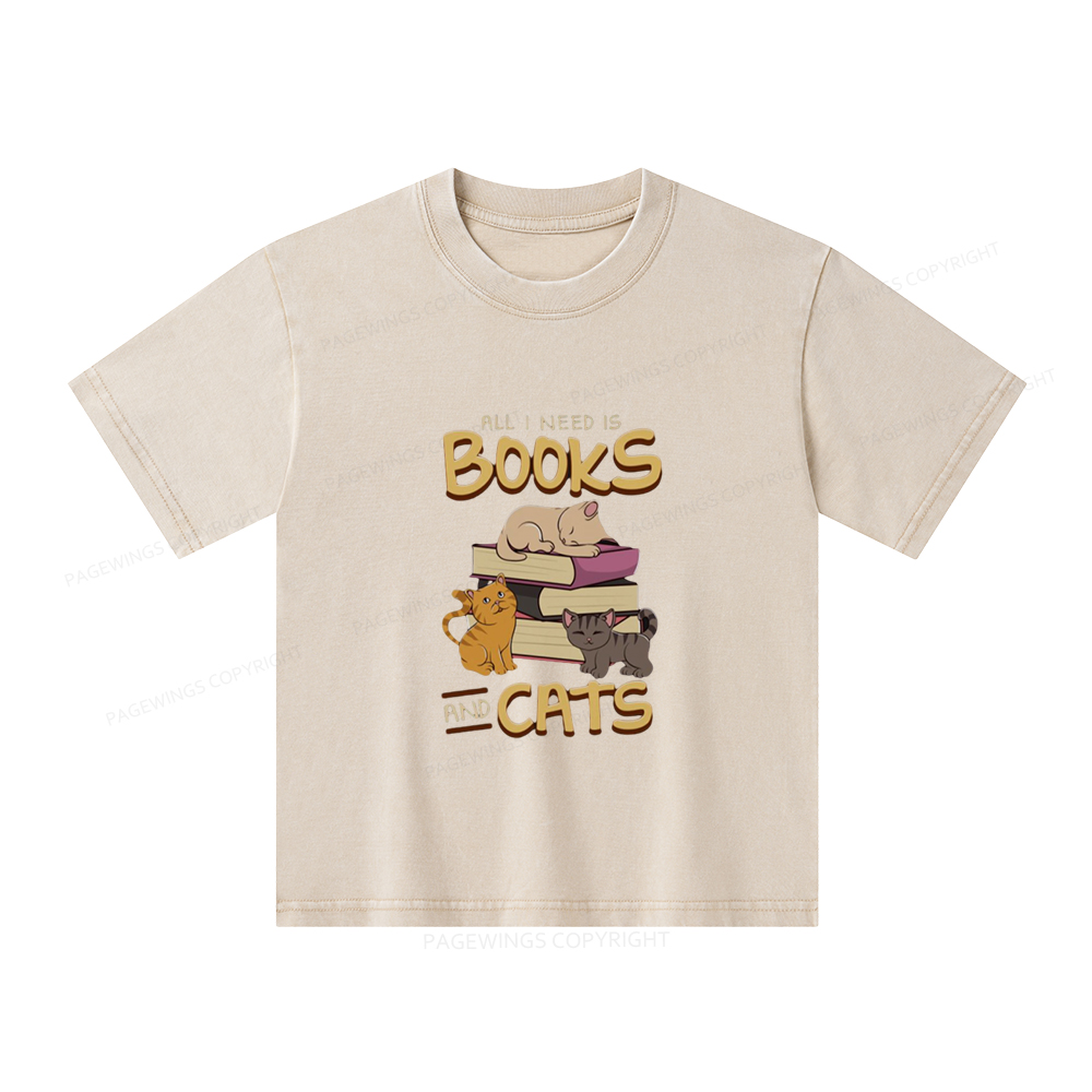 Pagewings All I Need Is Books And Cats Unisex Kids Washed T-shirt