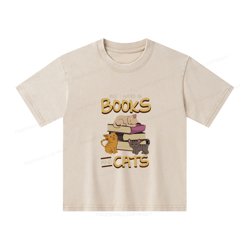 Pagewings All I Need Is Books And Cats Unisex Kids Washed T-shirt