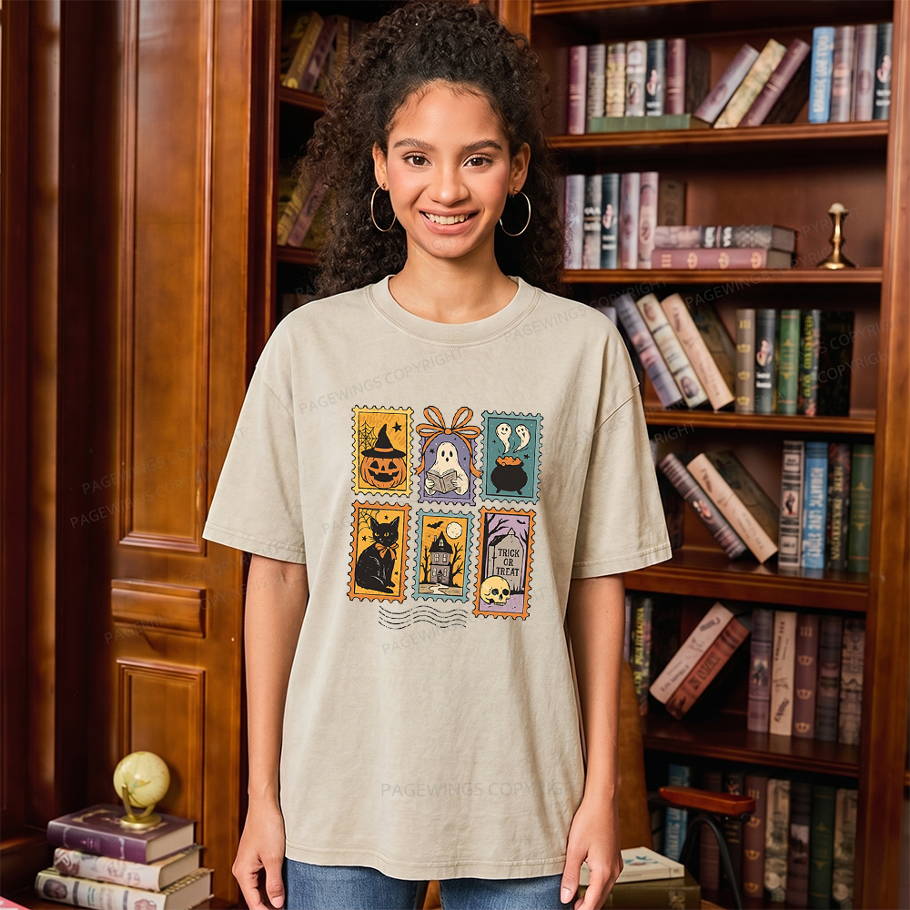 Pagewings Halloween Cute Ghost Pumpkin Cat Unisex Washed T-shirt