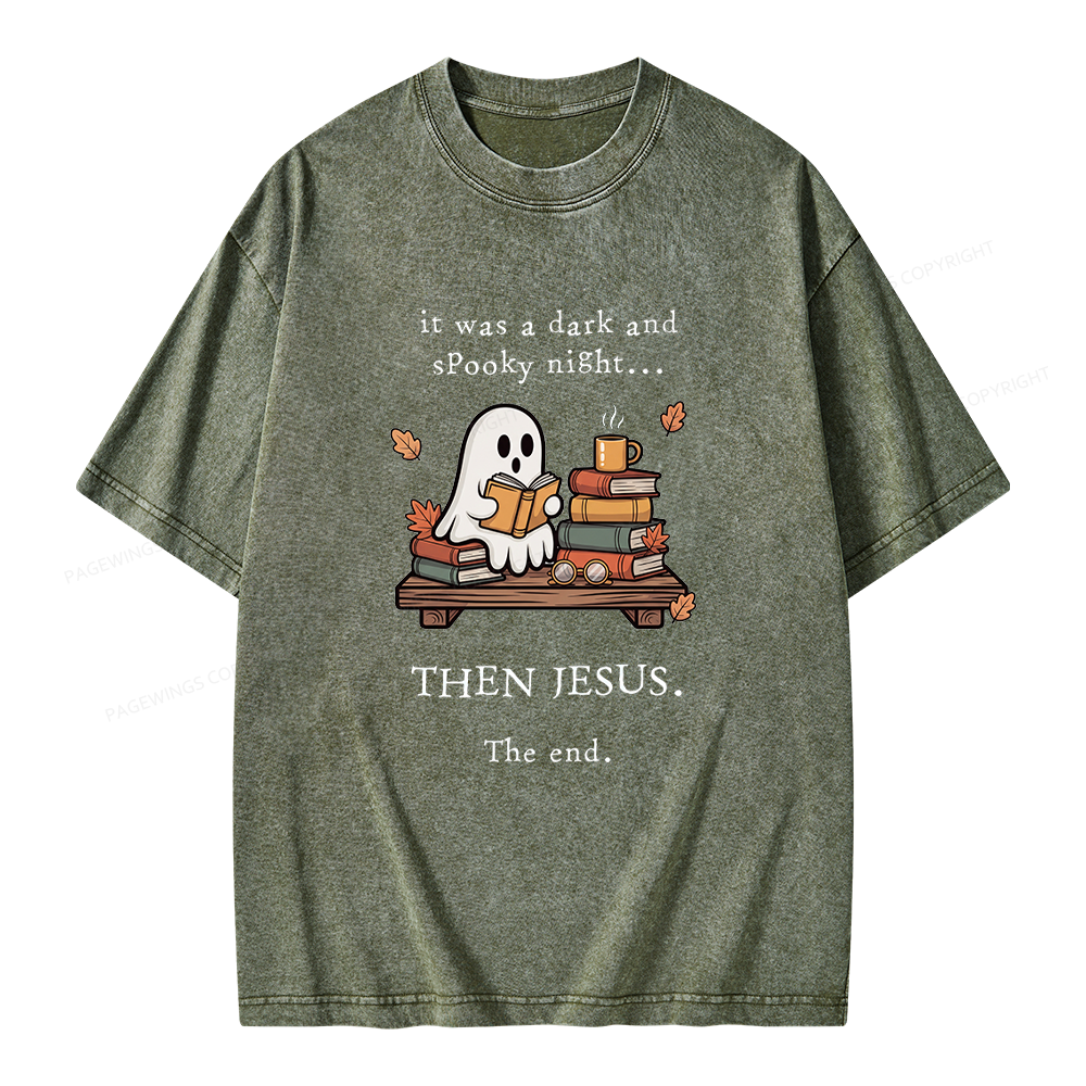 Pagewings Funny Fall Reading Ghost Unisex Washed T-shirt