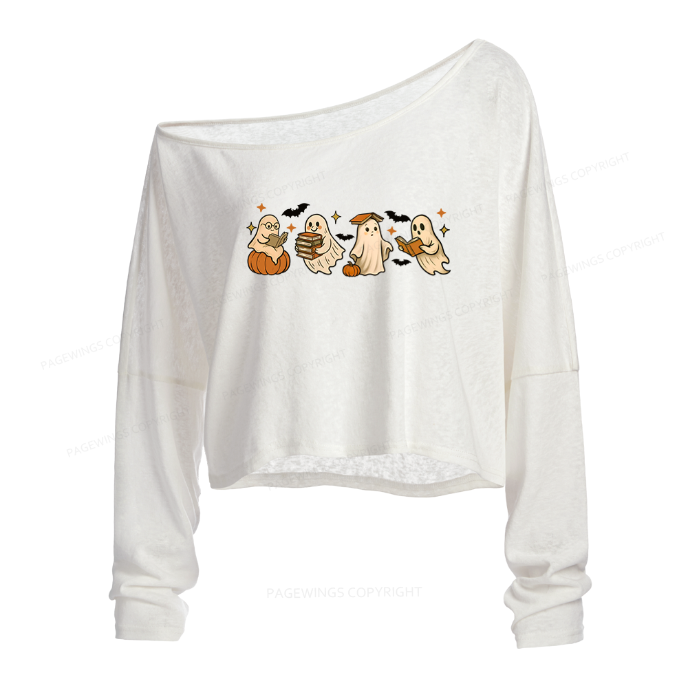 Pagewings Cute Ghost Reading Book Halloween Slouchy Long Sleeve Off Shoulder T-shirt