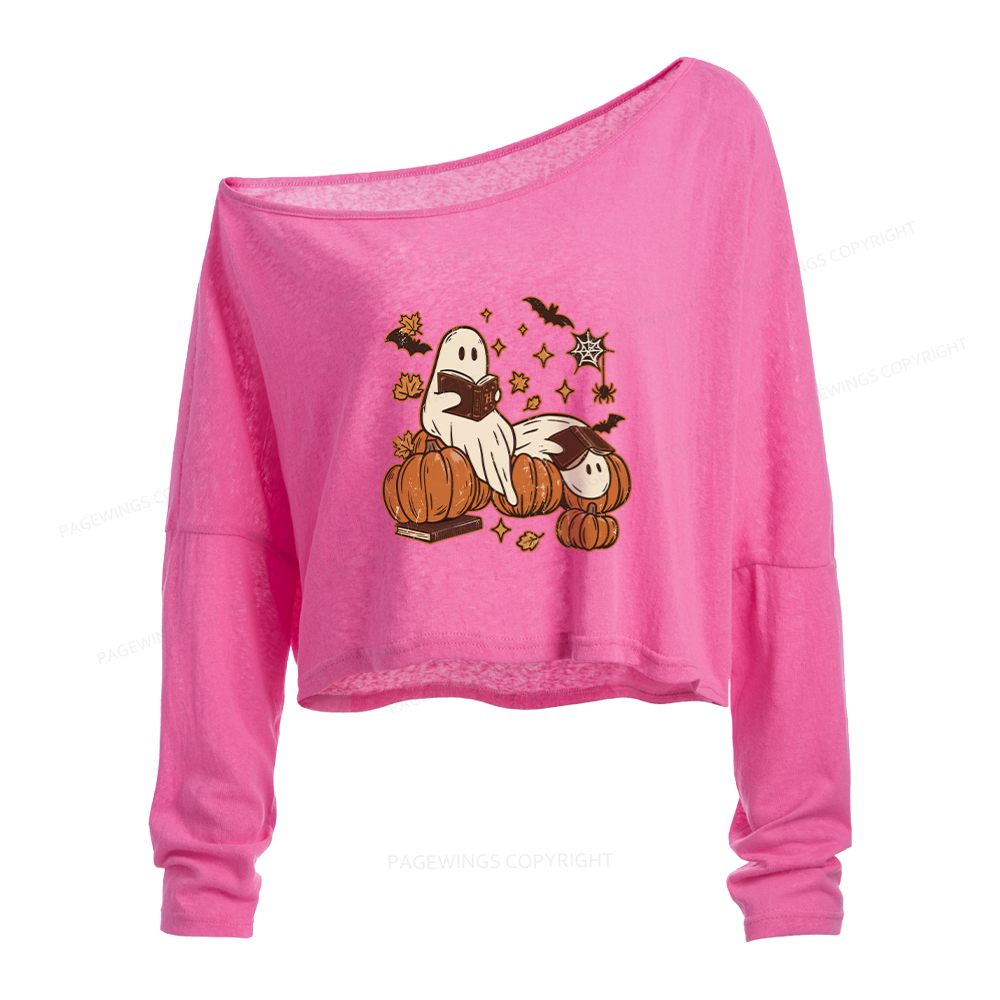 Pagewings Ghost Reading Slouchy Long Sleeve Off Shoulder T-shirt