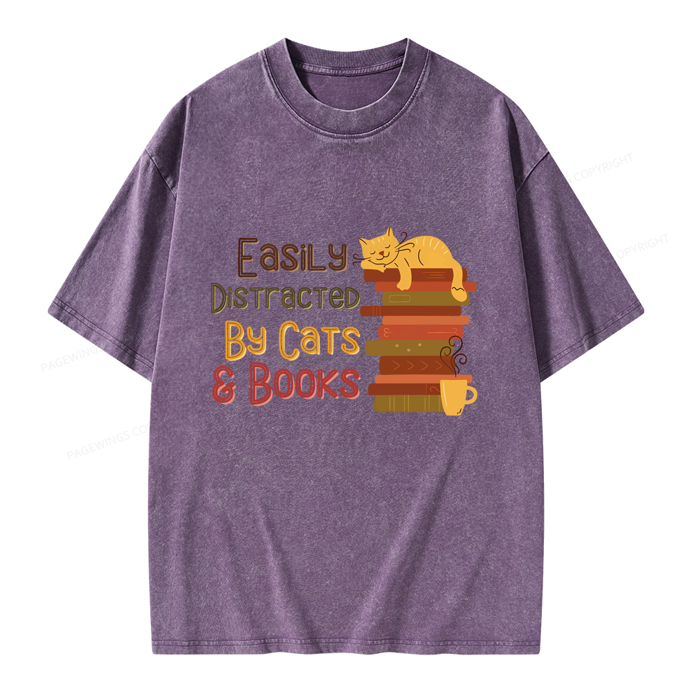 Pagewings Easily Distracted By Cats and Books Unisex Washed T-shirt