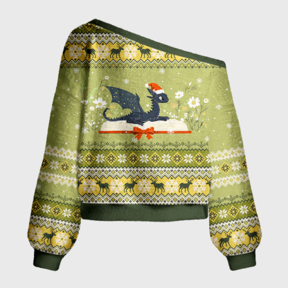 Pagewings Book Dragon Off Shoulder Ugly Knit Sweater