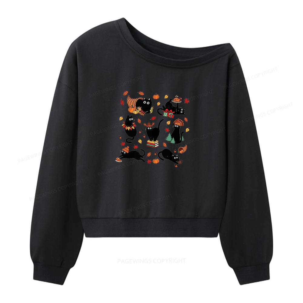 Pagewings Thanksgiving Cat Women Off Shoulder Sweatshirt
