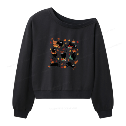 Pagewings Thanksgiving Cat Women Off Shoulder Sweatshirt