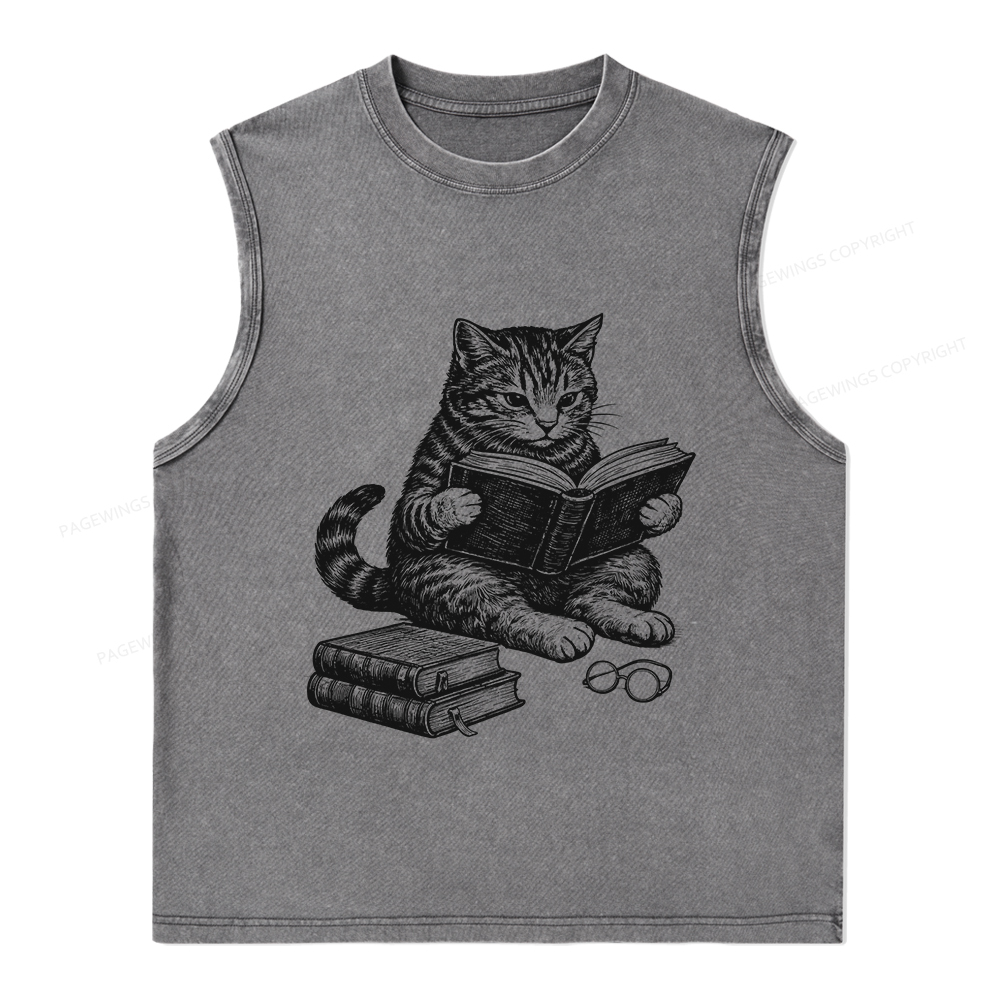 Pagewings Cat Reading Book Unisex Washed Tank Top