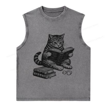 Pagewings Cat Reading Book Unisex Washed Tank Top