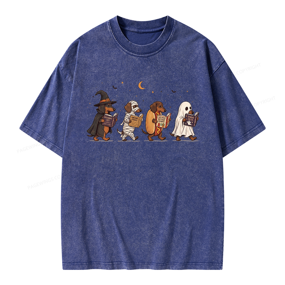 Pagewings Cute Spooky Season Wiener Dog Reading Unisex Washed T-shirt
