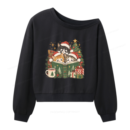 Pagewings Cat Lover Christmas Women Off Shoulder Sweatshirt