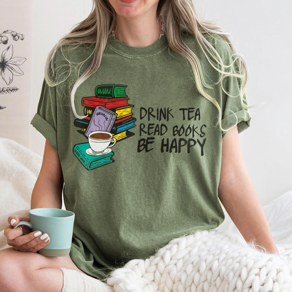 Pagewings Drink Tea Read Books Be Happy Unisex Washed T-shirt
