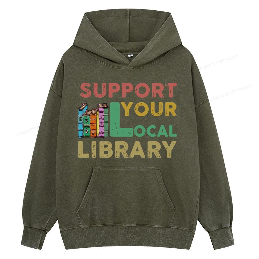 Pagewings Support Your Local Library Unisex Washed Hoodie
