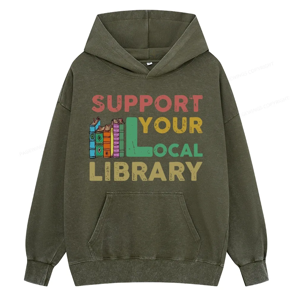 Pagewings Support Your Local Library Unisex Washed Hoodie