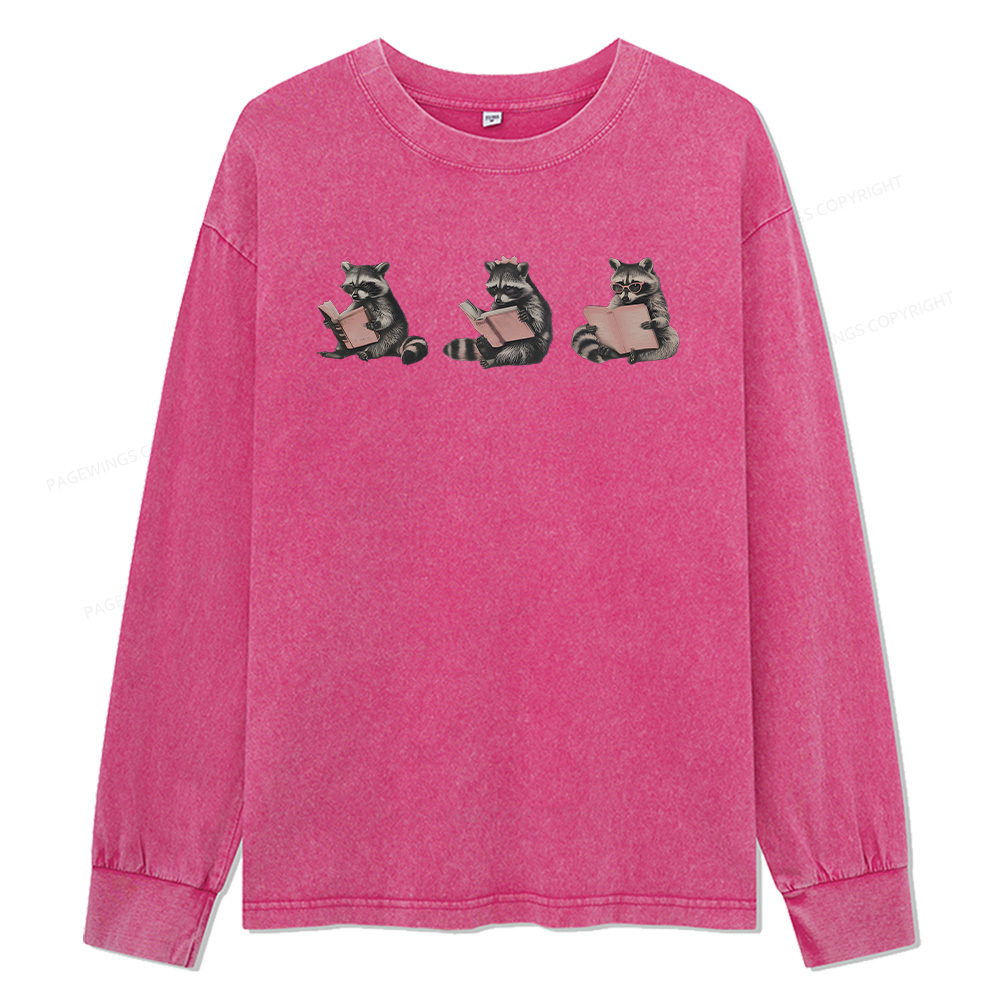 Pagewings Funny Raccoon Bookish Gift Unisex Washed Long Sleeve T-shirt