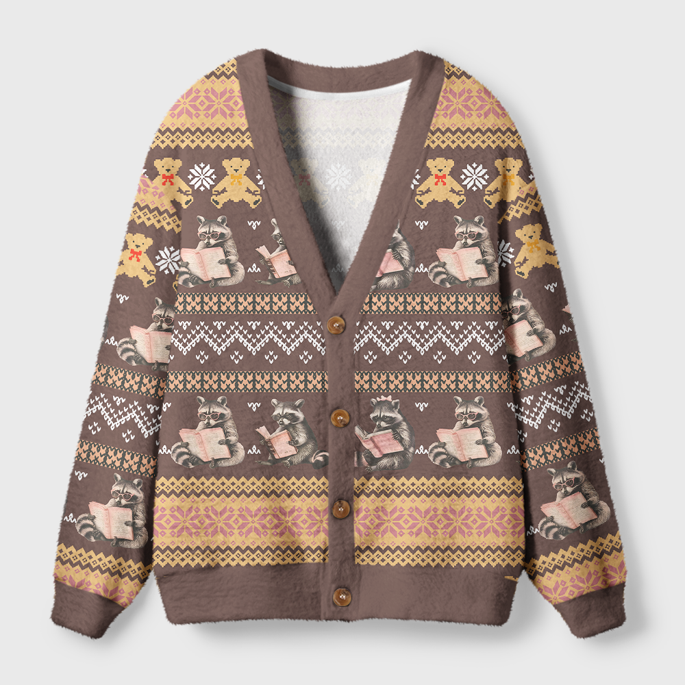 Pagewings Just A Raccoon Who Loves Reading Light Knit Unisex Cardigan Sweaters
