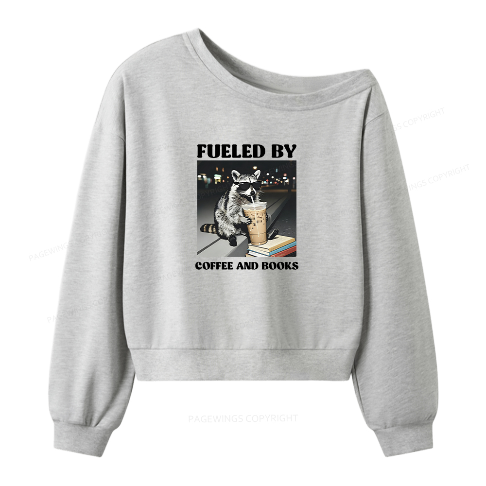 Pagewings Raccoon Reading And Drinking Iced Coffee Women Off Shoulder Sweatshirt
