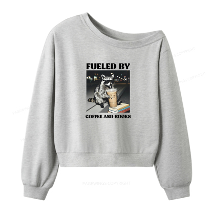 Pagewings Raccoon Reading And Drinking Iced Coffee Women Off Shoulder Sweatshirt