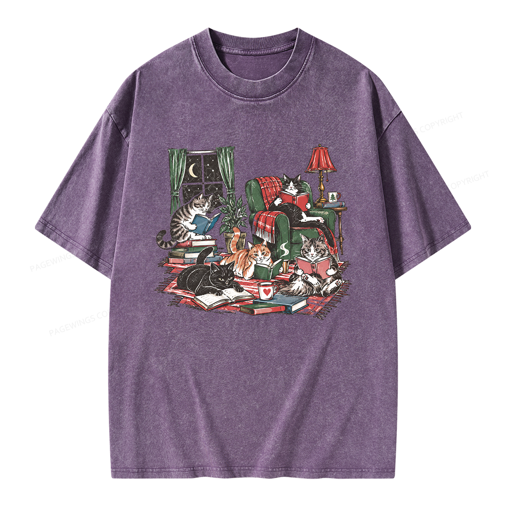 Pagewings Cats Reading Books Unisex Washed T-shirt