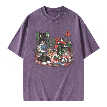 Pagewings Cats Reading Books Unisex Washed T-shirt