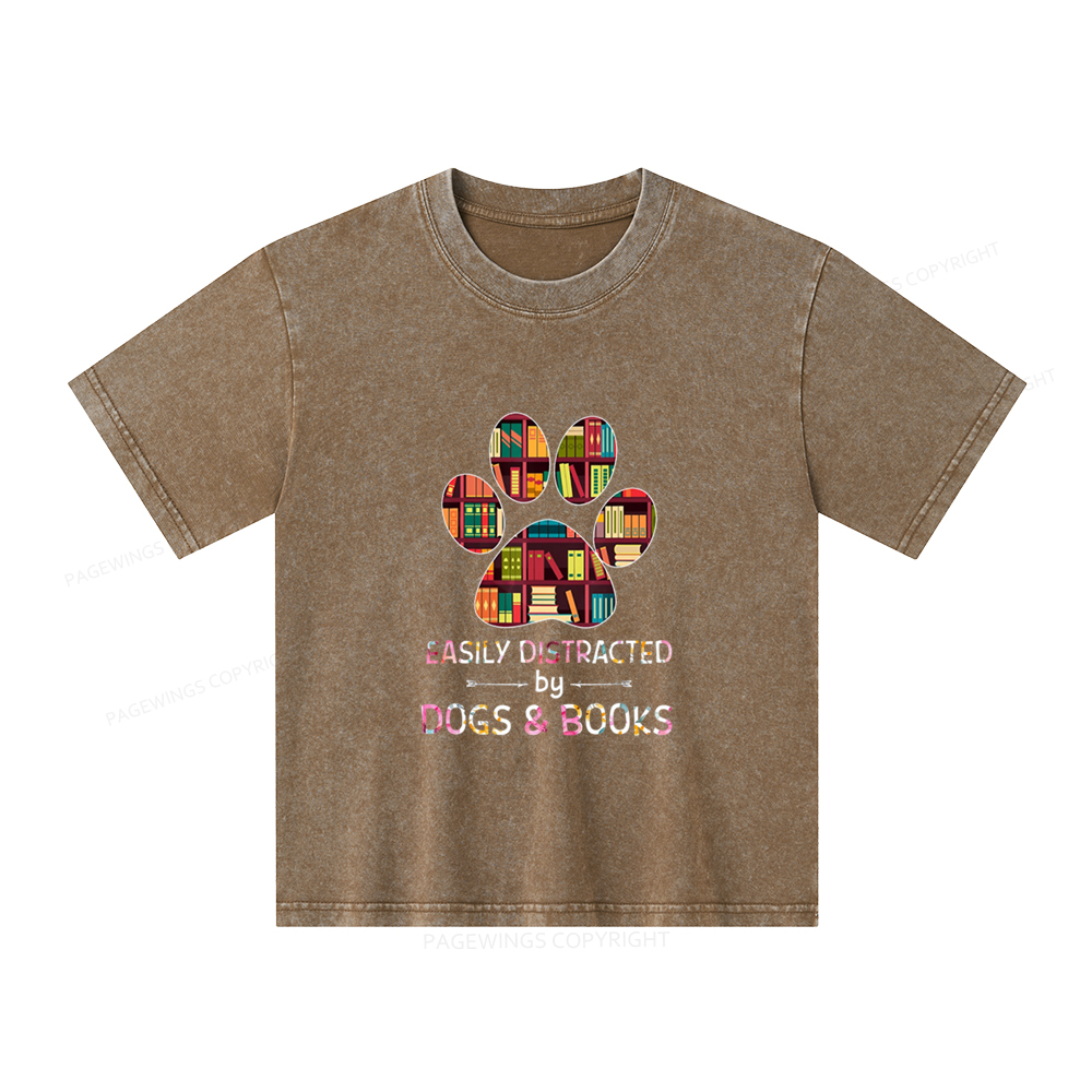 Pagewings Easily Distracted By Dogs And Books Unisex Kids Washed T-shirt