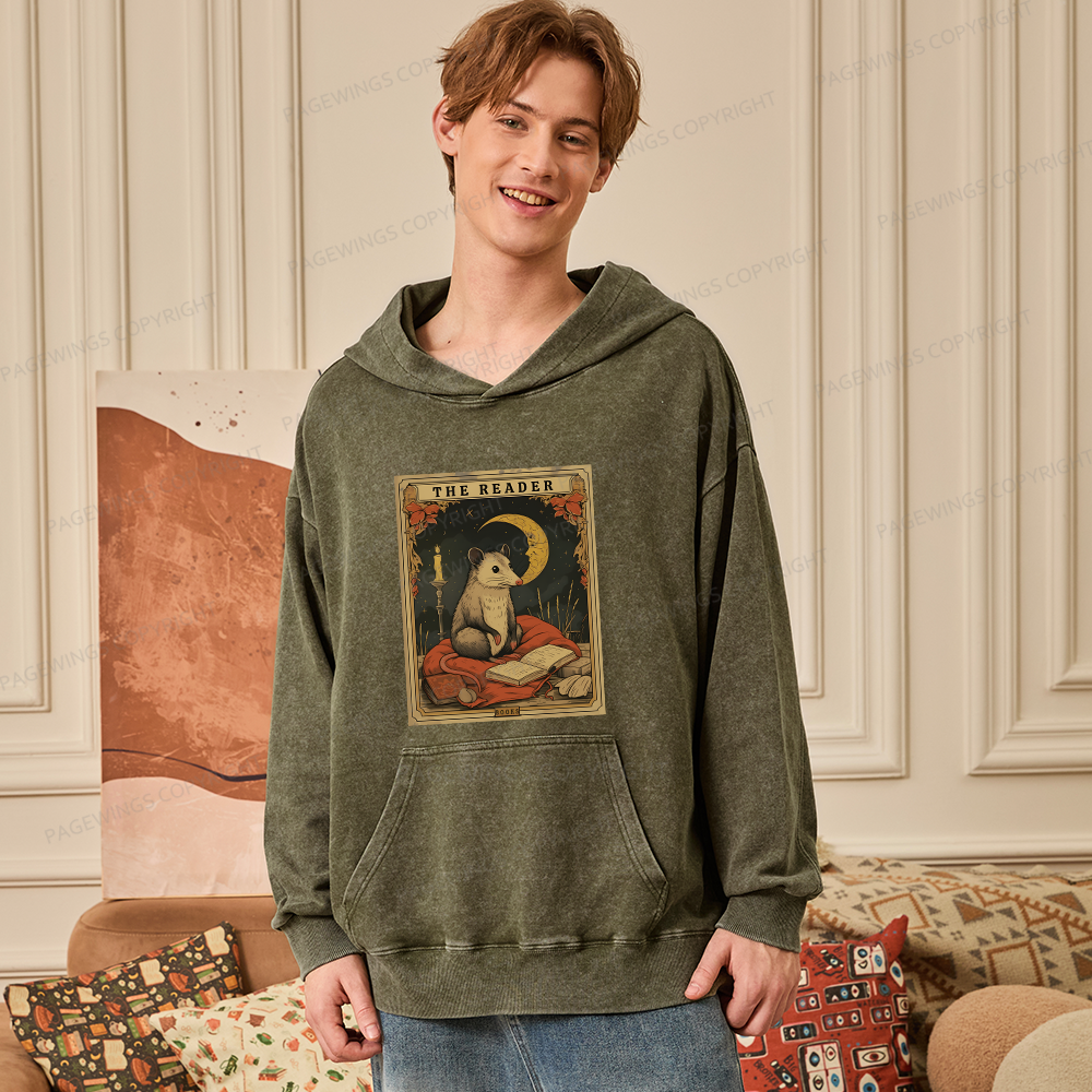 Pagewings The Reader Opossum Tarot Card Unisex Washed Hoodie