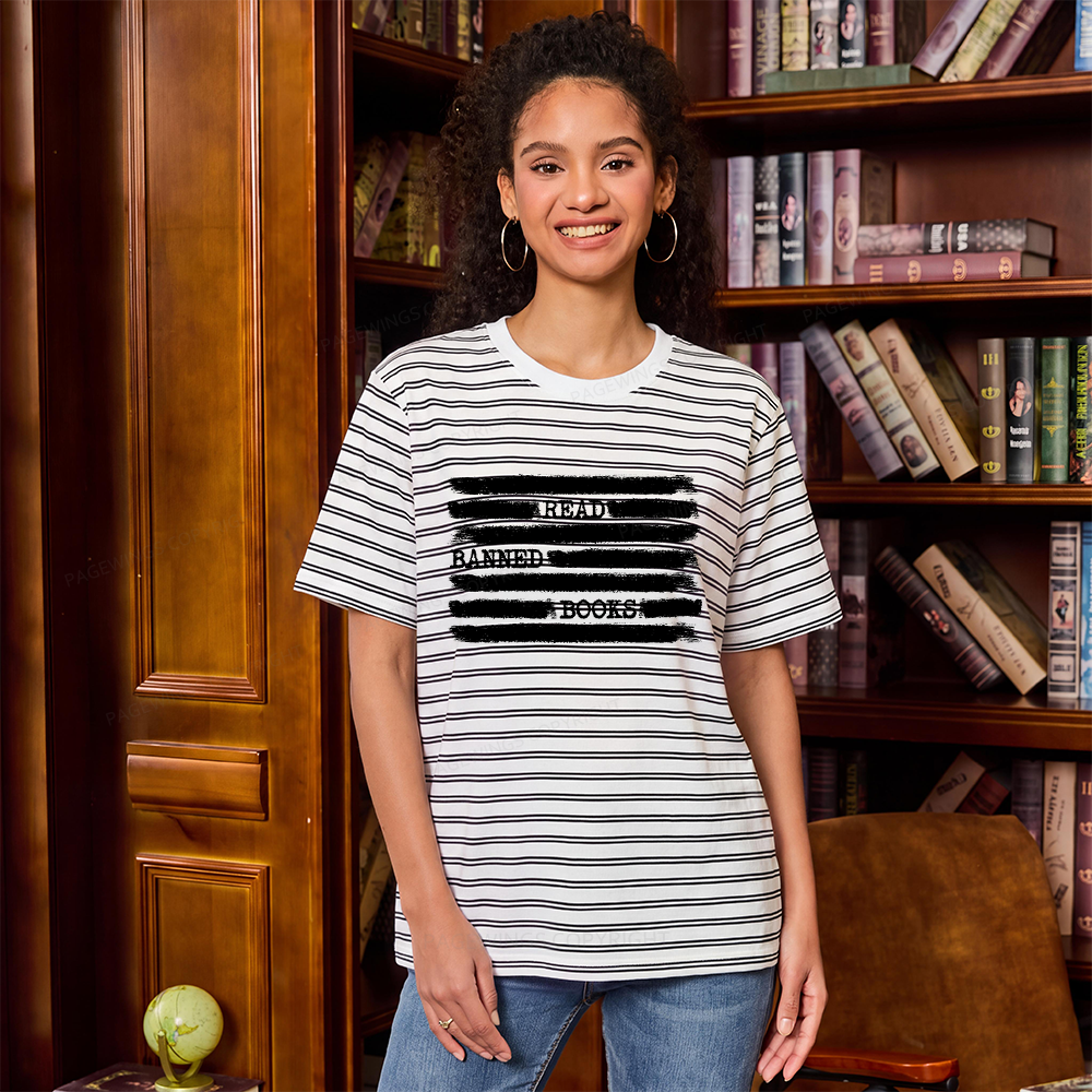 Pagewings Read Banned Books Bookworm Librarian Unisex Striped T-Shirt