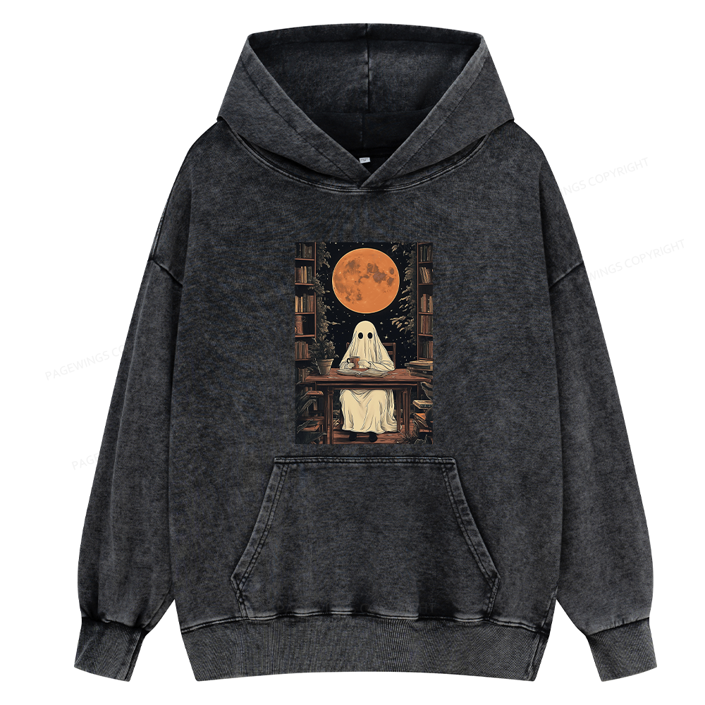 Pagewings Halloween Ghost Books Coffee Unisex Washed Hoodie