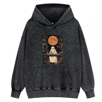 Pagewings Halloween Ghost Books Coffee Unisex Washed Hoodie
