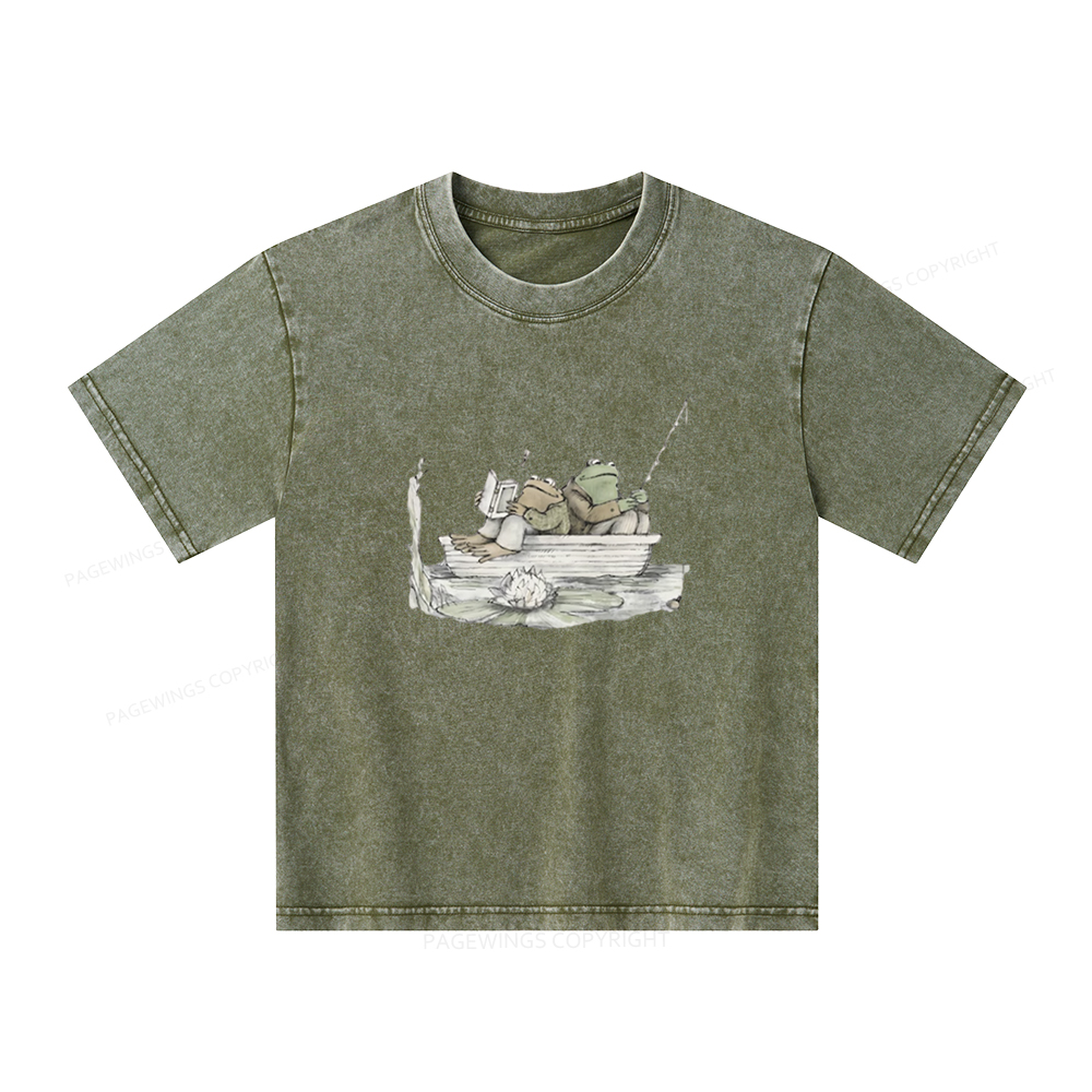 Pagewings Frog Reading Unisex Kids Washed T-shirt
