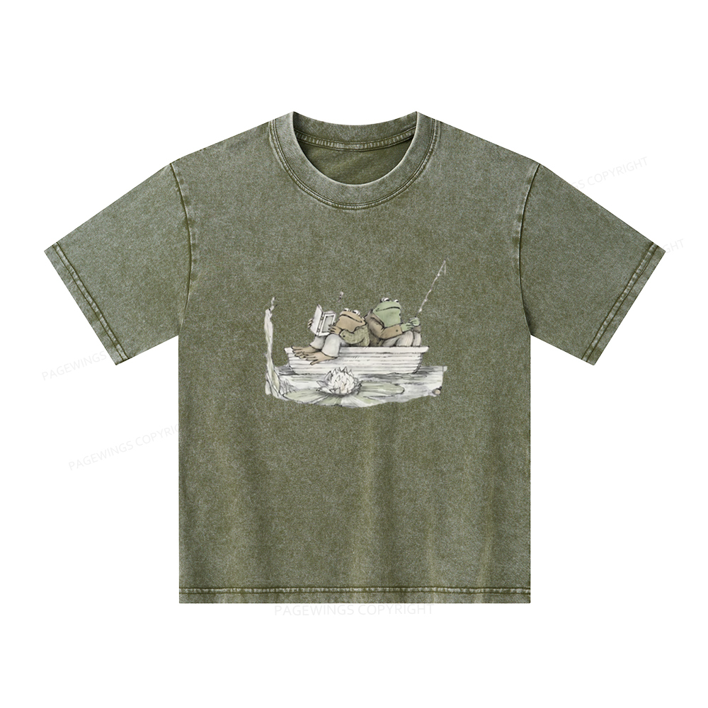 Pagewings Frog Reading Unisex Kids Washed T-shirt