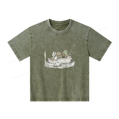 Pagewings Frog Reading Unisex Kids Washed T-shirt