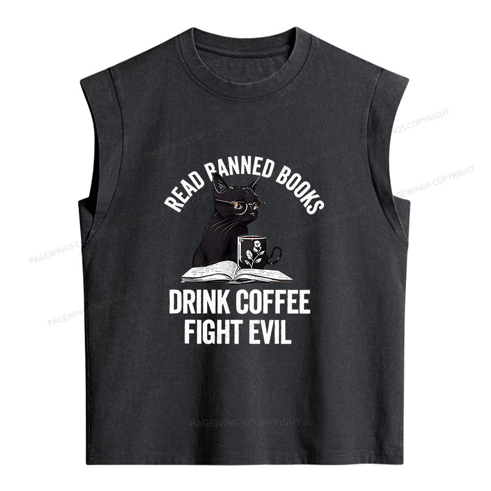 Pagewings Read Books Drink Coffee Fight Evil Women's Washed Tank Top