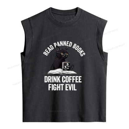 Pagewings Read Books Drink Coffee Fight Evil Women's Washed Tank Top
