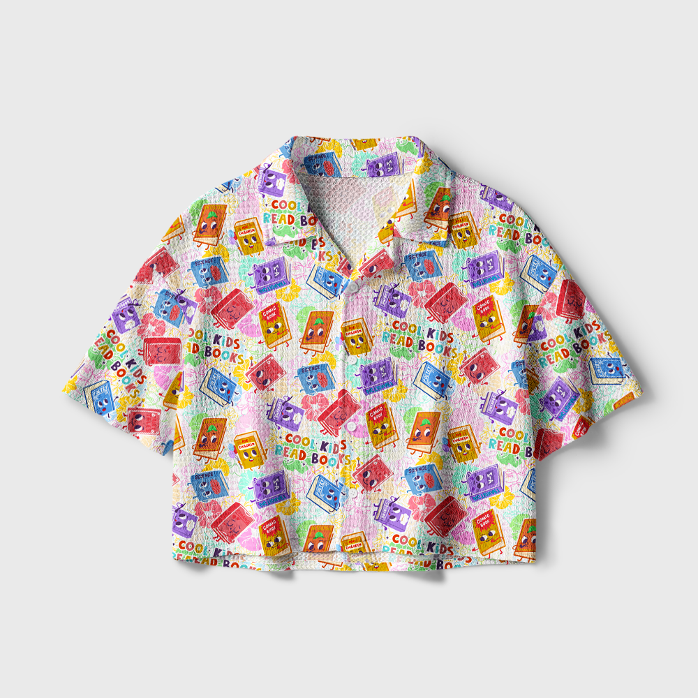 Pagewings Cool Kids Read Books Camp Collar Boxy Fit Unisex Crochet Shirt