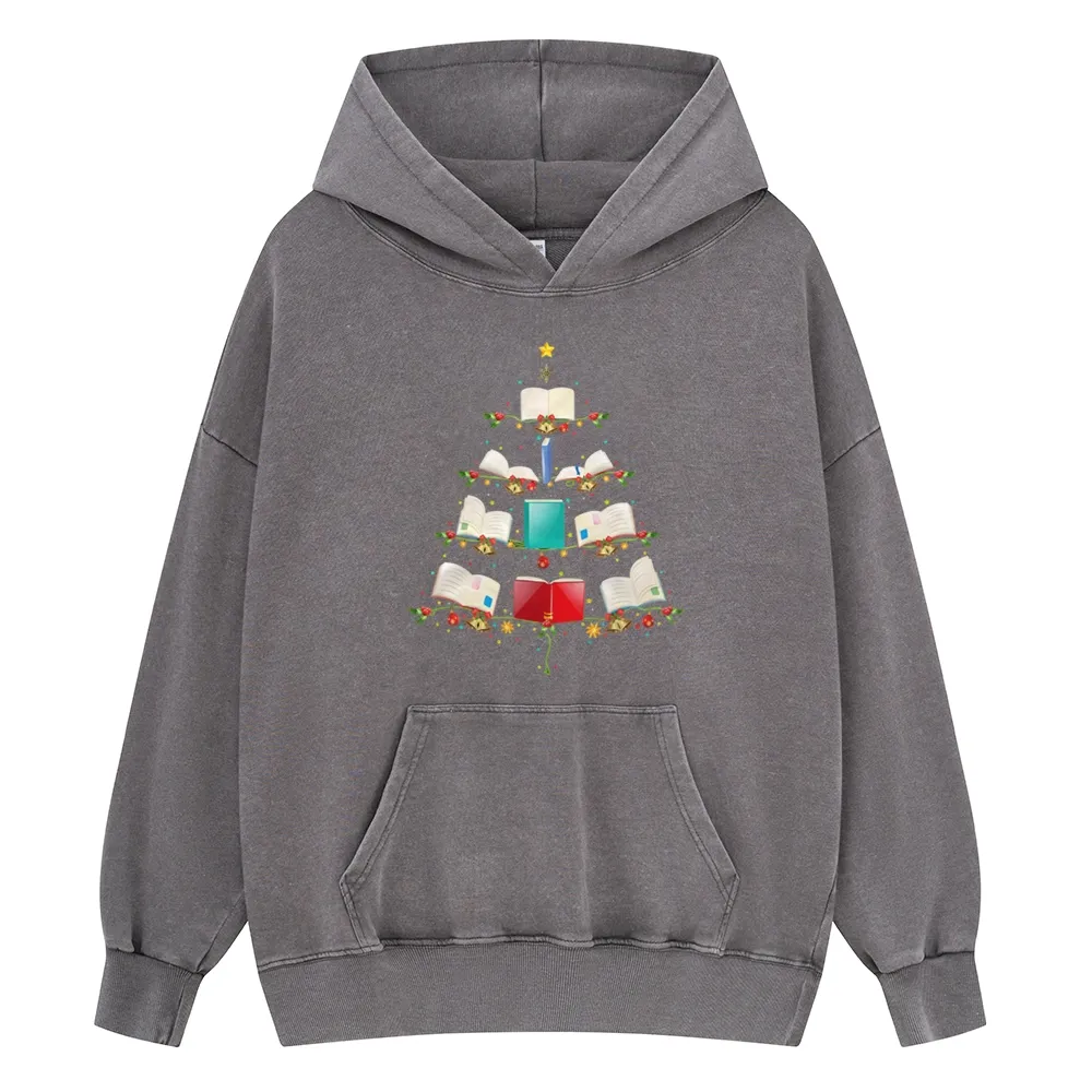 Pagewings Book Christmas Tree Unisex Washed Hoodie