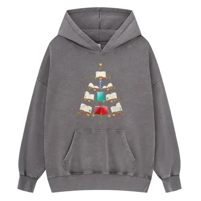 Pagewings Book Christmas Tree Unisex Washed Hoodie