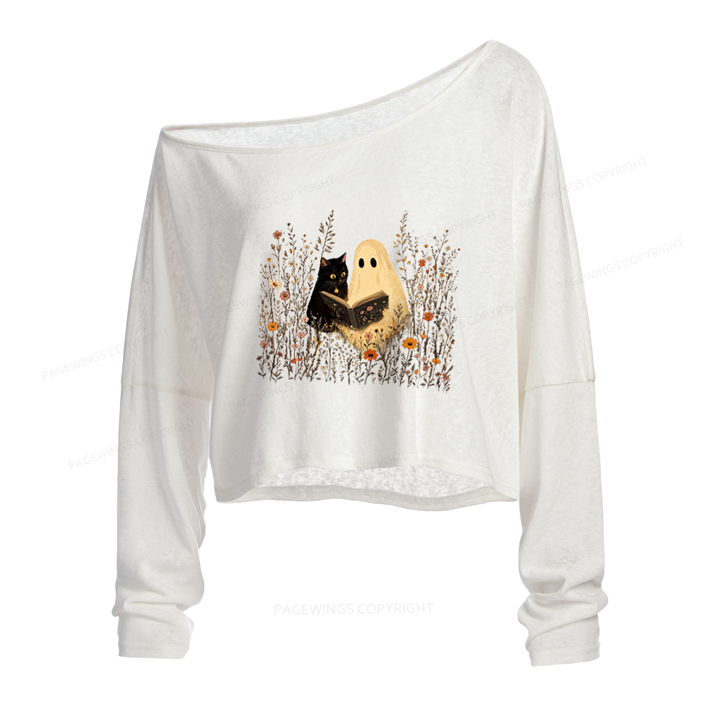 Pagewings Ghost Black Cat Reading Slouchy Long Sleeve Off Shoulder T-shirt