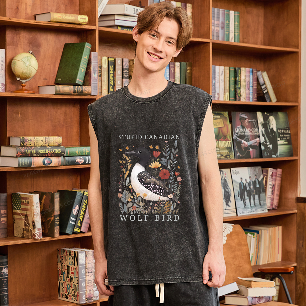 Pagewings Stupid Canadian Wolf Bird Unisex Washed Tank Top