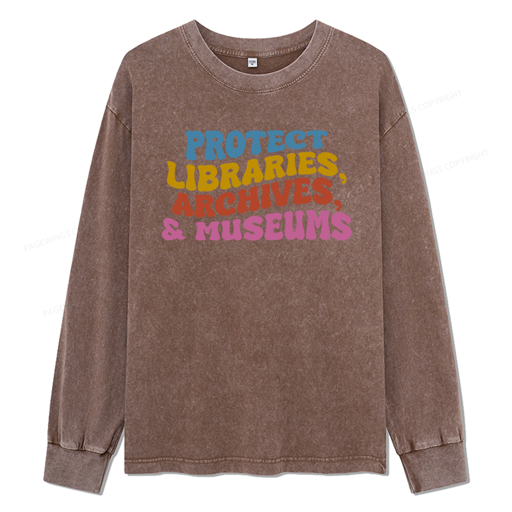 Pagewings Protect Libraries Archives And Museums Unisex Washed Long Sleeve T-shirt