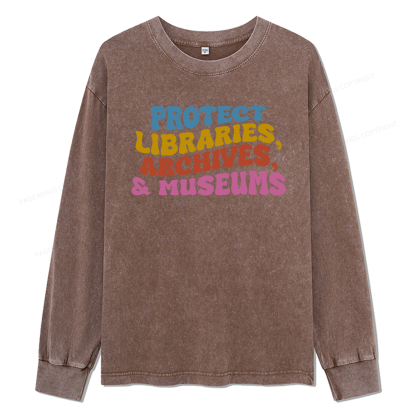 Pagewings Protect Libraries Archives And Museums Unisex Washed Long Sleeve T-shirt