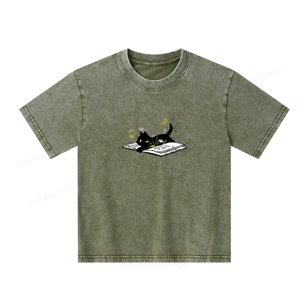 Pagewings Cute Book Cat Unisex Kids Washed T-shirt