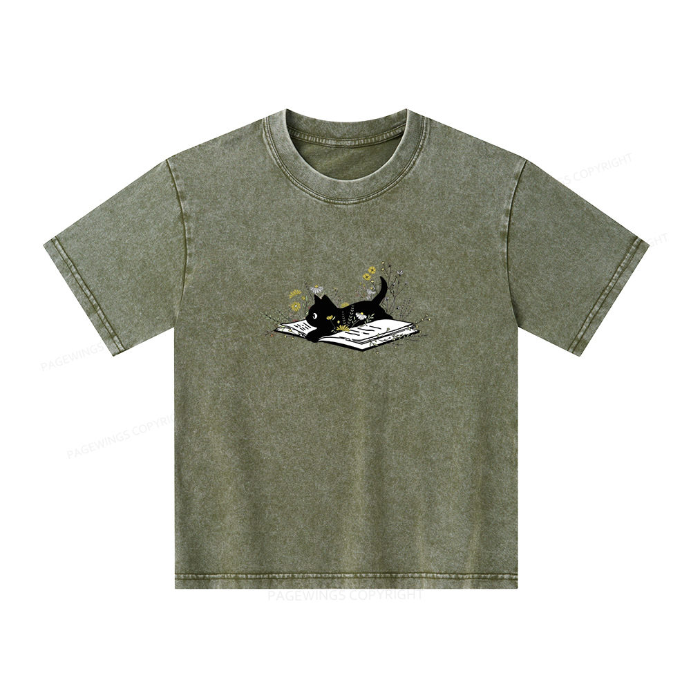Pagewings Cute Book Cat Unisex Kids Washed T-shirt