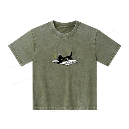Pagewings Cute Book Cat Unisex Kids Washed T-shirt