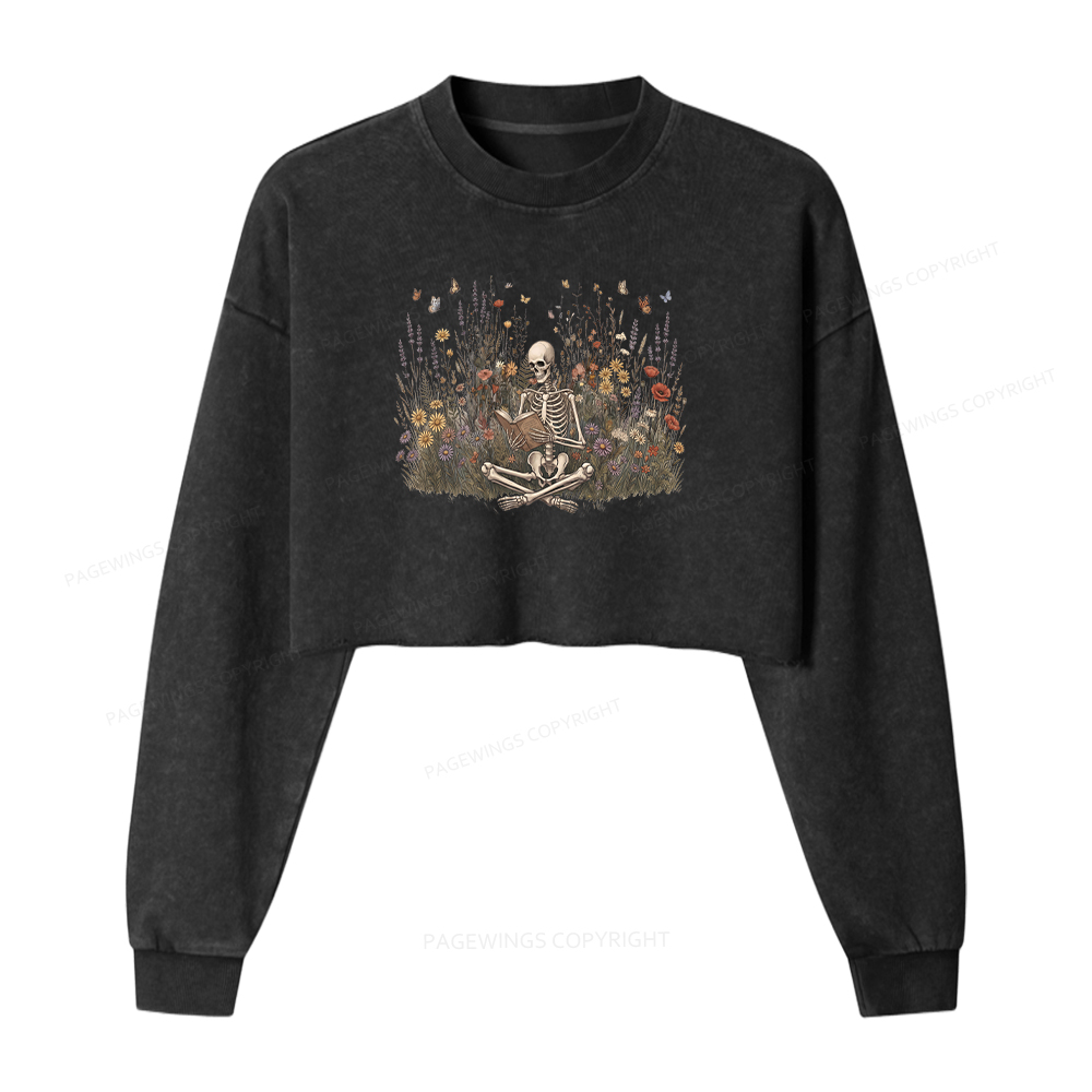Pagewings Skeleton Reading Book Washed Crop Sweatshirt